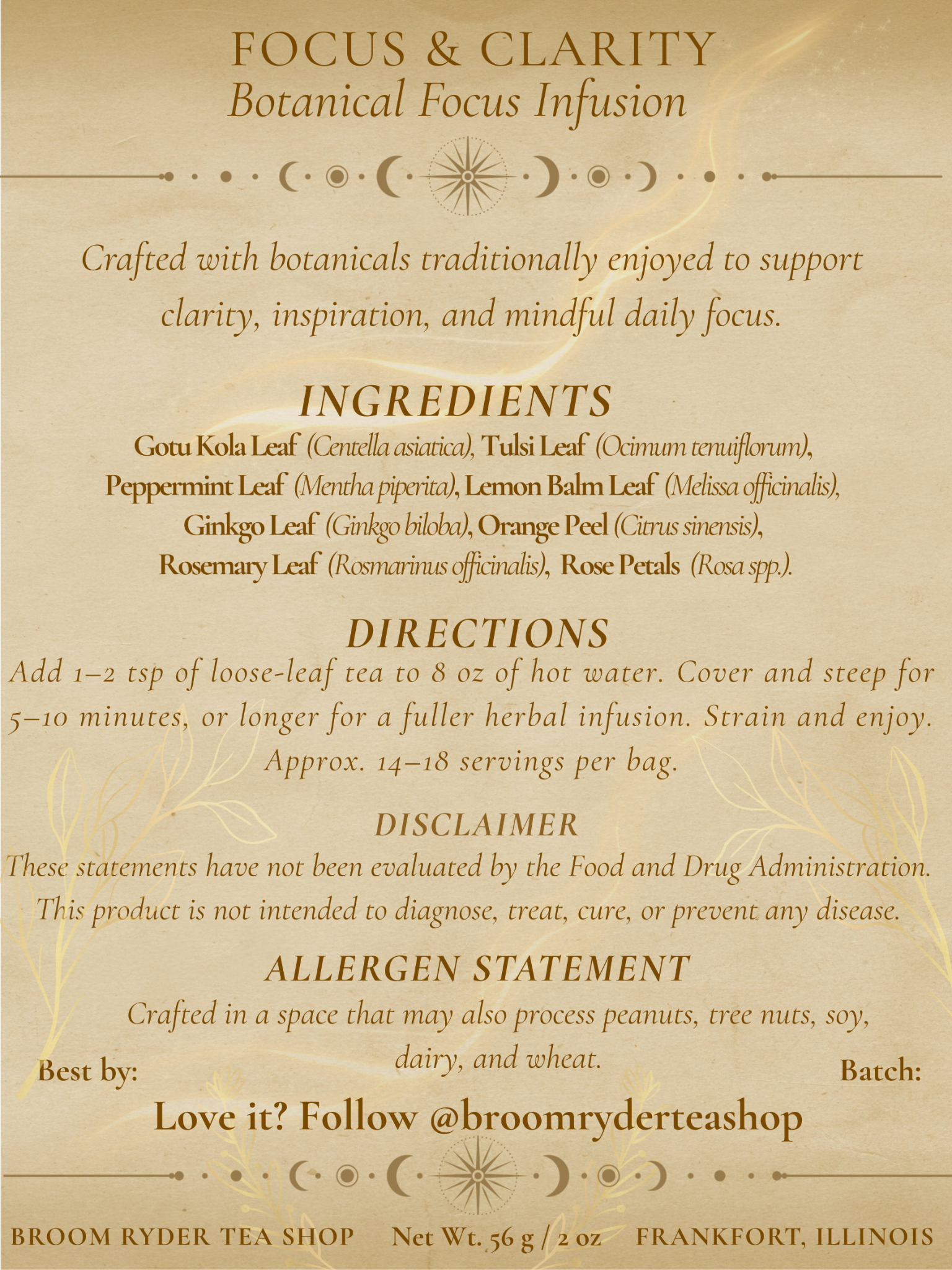 Focus & Clarity back label with ingredients, directions, and cautions