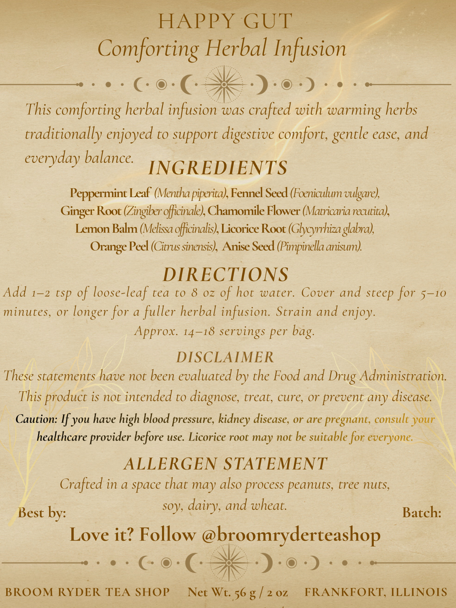 Happy Gut back label with ingredients, directions, and cautions