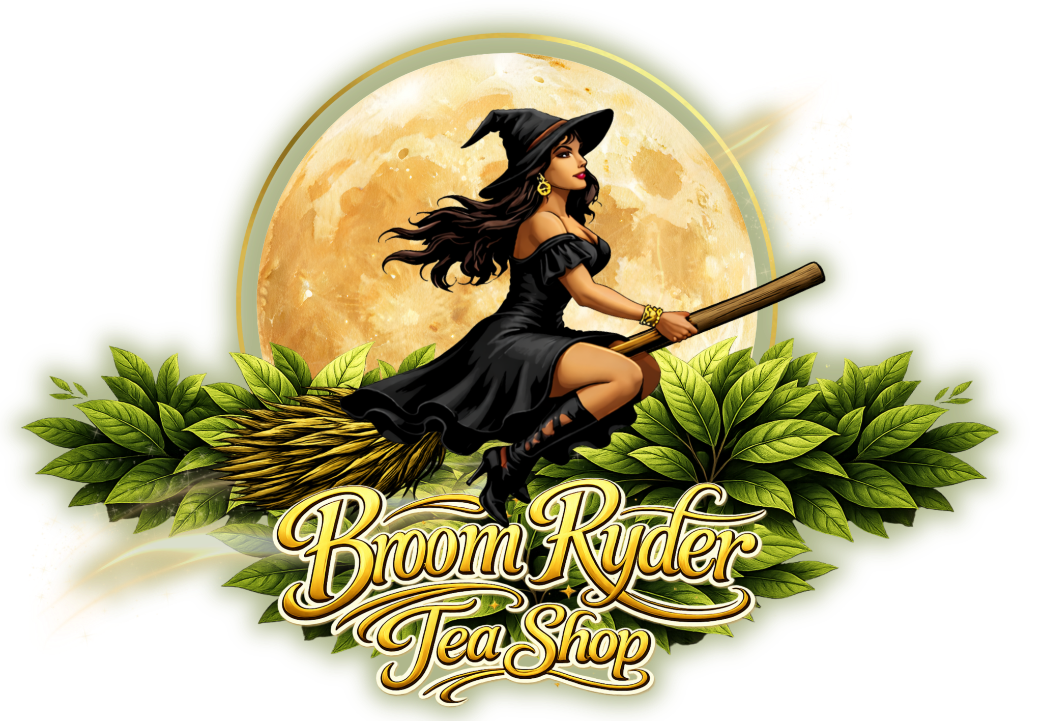 Broom Ryder Tea Shop — a witch flying on a broom through tea leaves in front of a full moon